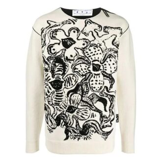 Jersey de punto de lana con cuello redondo y estampado de flores Jacquard Off-White para hombre, colección FW22, versión en blanco