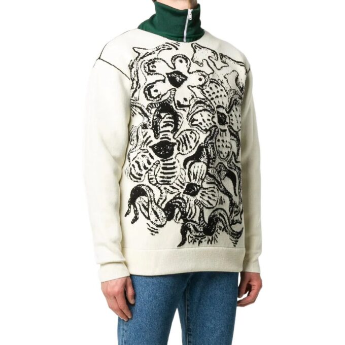 Jersey de punto de lana con cuello redondo y estampado de flores Jacquard Off-White para hombre, colección FW22, versión en blanco