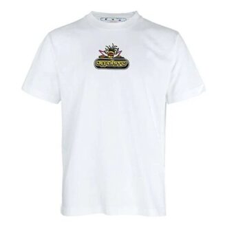Logotipo con letras impresas y flecha, manga corta, blanco