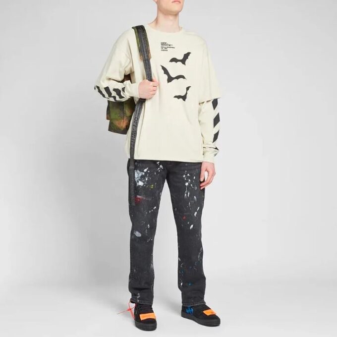 Manga doble con murciélagos en diagonal para hombre, blanco