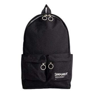Mochila escolar con estampado de letras, cremallera y múltiples bolsillos, color negro
