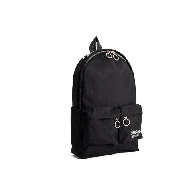 Mochila escolar con estampado de letras, cremallera y múltiples bolsillos, color negro