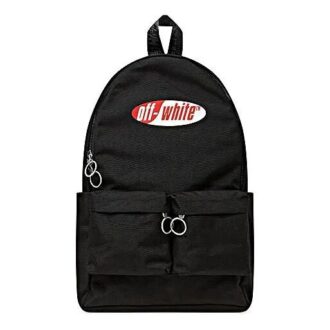 Mochila escolar con logo rojo y blanco y múltiples bolsillos, color negro