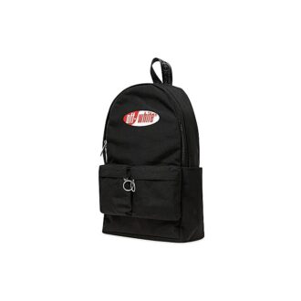 Mochila escolar con logo rojo y blanco y múltiples bolsillos, color negro