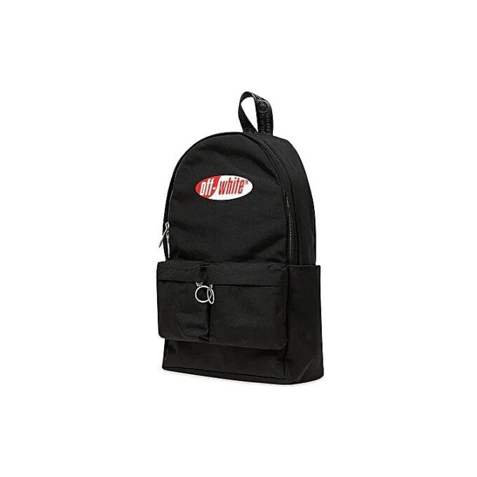Mochila escolar con logo rojo y blanco y múltiples bolsillos, color negro