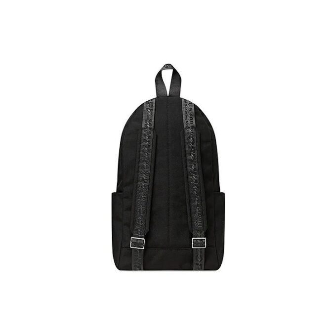 Mochila escolar con logo rojo y blanco y múltiples bolsillos, color negro