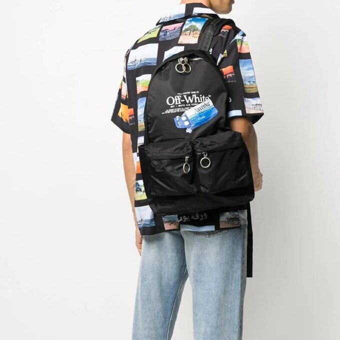 Mochila escolar de estilo industrial con 20 logotipos, eslóganes y letras impresas y múltiples bolsillos