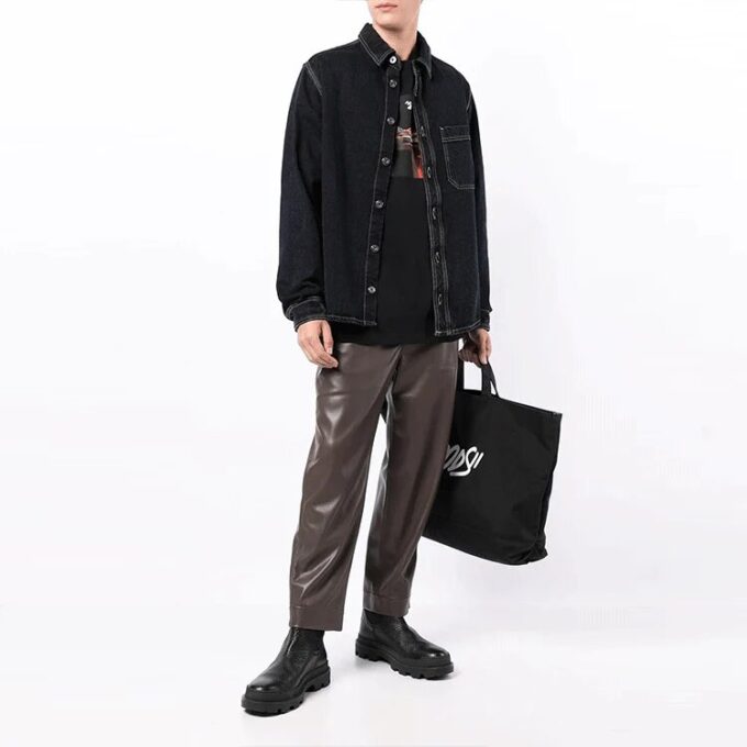Off-White Camisa de Denim de manga larga para hombre FW21 con eslogan y adornos, azul oscuro