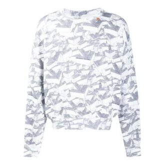 Off-White Camiseta de algodón para hombre con estampado geométrico integral, cuello redondo y manga larga, color blanco Off-White Camiseta de algodón para hombre con estampado geométrico integral, cuello redondo y manga larga, color blanco
