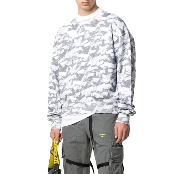 Off-White Camiseta de algodón para hombre con estampado geométrico integral, cuello redondo y manga larga, color blanco