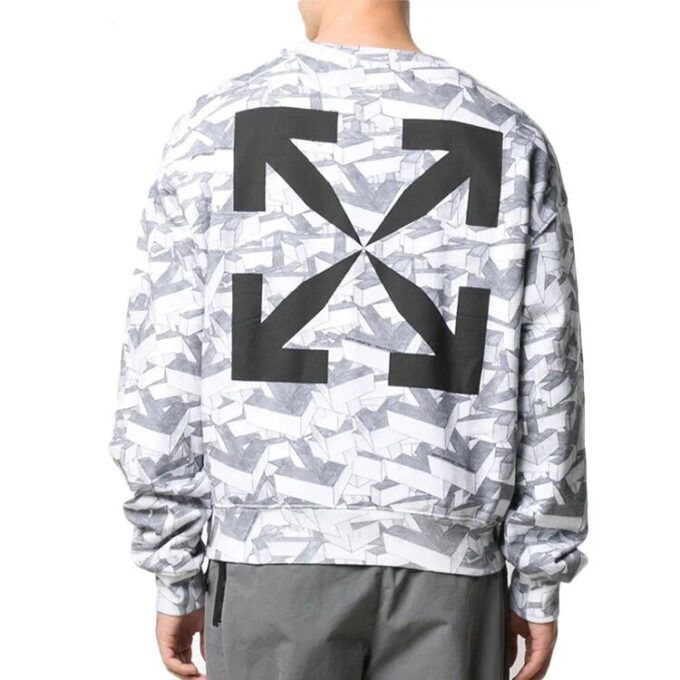 Off-White Camiseta de algodón para hombre con estampado geométrico integral, cuello redondo y manga larga, color blanco