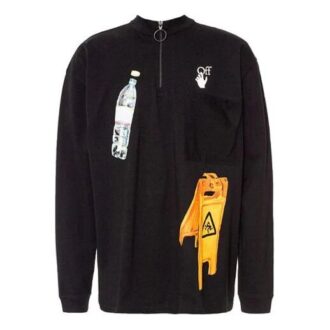 Off-White Camiseta de hombre con estampado, cuello redondo, manga larga y corte holgado, color negro