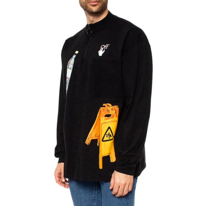 Off-White Camiseta de hombre con estampado, cuello redondo, manga larga y corte holgado, color negro