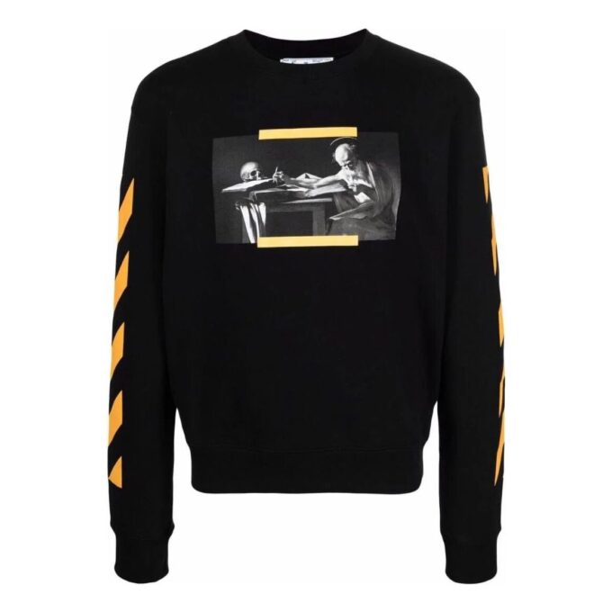 Off-White Camiseta de hombre con estampado, cuello redondo y manga larga, color negro