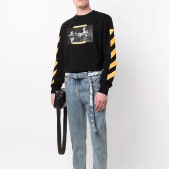 Off-White Camiseta de hombre con estampado, cuello redondo y manga larga, color negro Off-White Camiseta de hombre con estampado, cuello redondo y manga larga, color negro