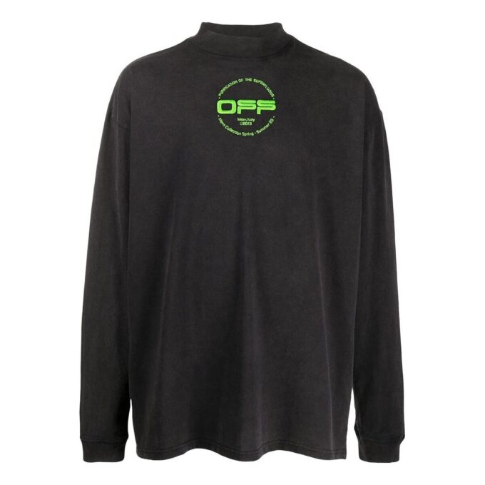 Off-White Camiseta de hombre de cuello medio con estampado de letras, otoño, negro