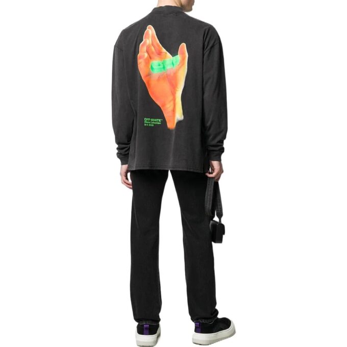 Off-White Camiseta de hombre de cuello medio con estampado de letras, otoño, negro