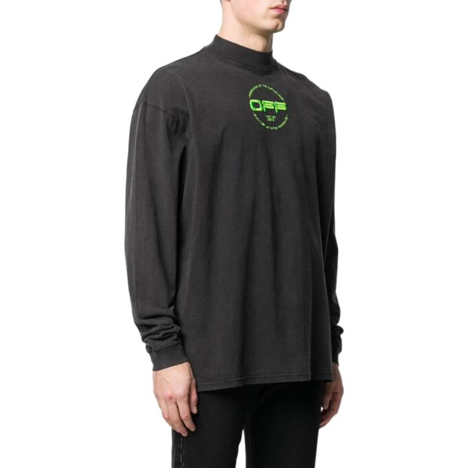 Off-White Camiseta de hombre de cuello medio con estampado de letras, otoño, negro