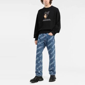 Off-White Camiseta de hombre FW21 con estampado de logotipo, cuello redondo, manga larga y corte holgado, color negro Off-White Camiseta de hombre FW21 con estampado de logotipo, cuello redondo, manga larga y corte holgado, color negro