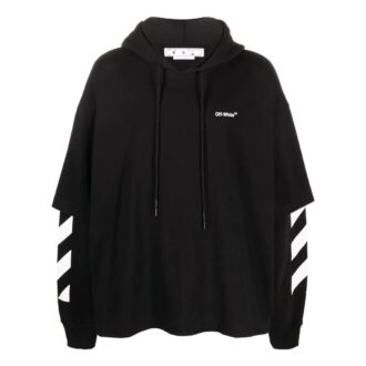 Off-White Camiseta de manga larga con capucha para hombre, estampado de rayas en color liso, negra Off-White Camiseta de manga larga con capucha para hombre, estampado de rayas en color liso, negra