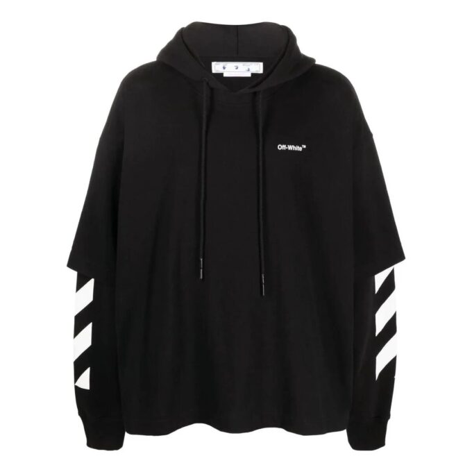 Off-White Camiseta de manga larga con capucha para hombre, estampado de rayas en color liso, negra