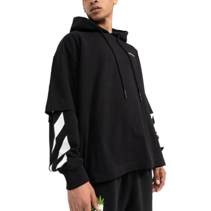 Off-White Camiseta de manga larga con capucha para hombre, estampado de rayas en color liso, negra