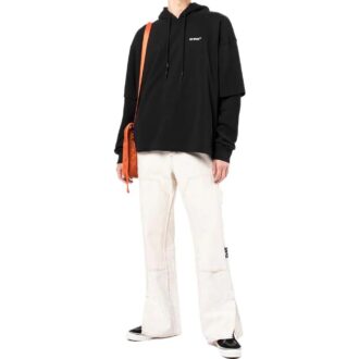 Off-White Camiseta de manga larga con capucha y estampado de logotipo para hombre, colección primavera-verano 2022, color negro Off-White Camiseta de manga larga con capucha y estampado de logotipo para hombre, colección primavera-verano 2022, color negro
