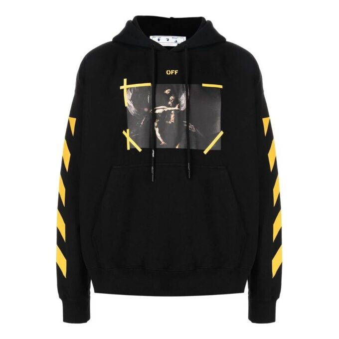 Off-White Camiseta de manga larga con capucha y estampado para hombre, colección primavera-verano 2022, color negro