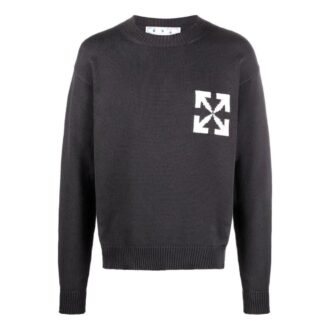 Off-White Camiseta de punto con intarsia y logotipo para hombre, colección FW22, cuello redondo, suéter de lana, corte holgado, negro