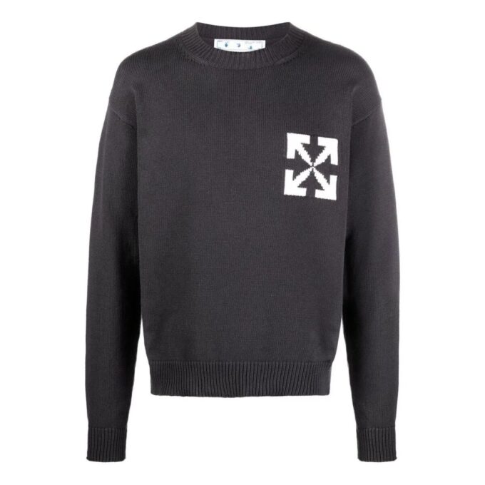 Off-White Camiseta de punto con intarsia y logotipo para hombre, colección FW22, cuello redondo, suéter de lana, corte holgado, negro
