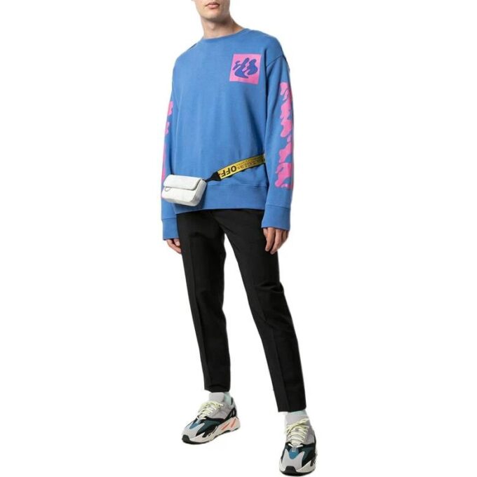 Off-White Camiseta de punto de cuello redondo con estampado abstracto para hombre, azul