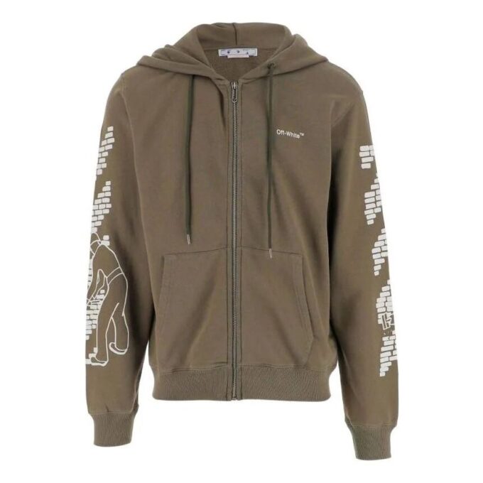 Off-White Chaqueta de hombre FW22 con estampado en las mangas, manga larga, cremallera y corte holgado, verde militar