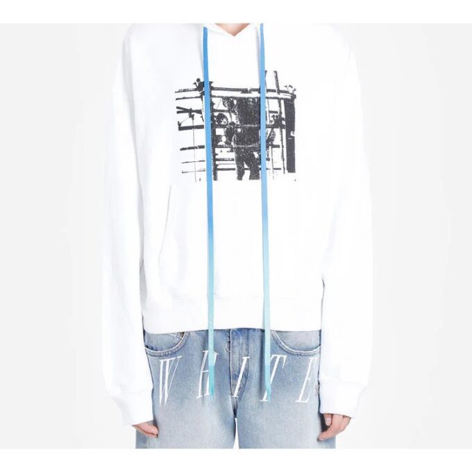 Off-White Hombre Camiseta de manga larga con capucha y logo impreso en forma de flecha, color blanco