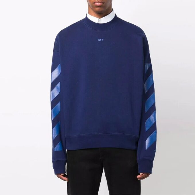 Off-White Hombre FW21 Camiseta de manga larga con cuello redondo, estampado geométrico de flechas de goma, corte holgado, azul