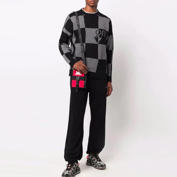 Off-White Hombre FW21 Jersey de punto con intarsia y logotipo en cuadrícula, versión Ordinary, negro