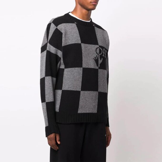 Off-White Hombre FW21 Jersey de punto con intarsia y logotipo en cuadrícula, versión Ordinary, negro