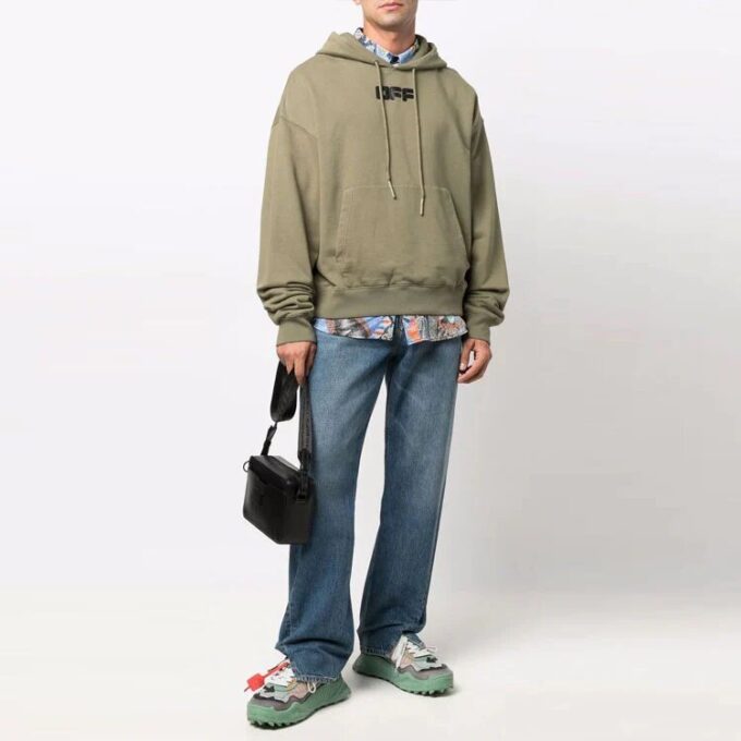 Off-White Hombre FW21 Sudadera con capucha, cordón y estampado del logotipo en el pecho, manga larga, corte holgado, verde