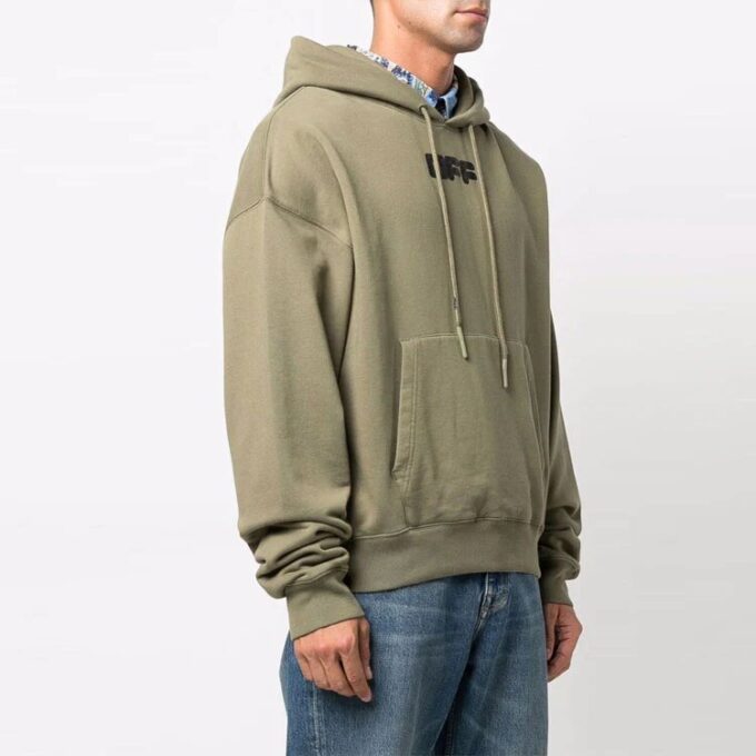 Off-White Hombre FW21 Sudadera con capucha, cordón y estampado del logotipo en el pecho, manga larga, corte holgado, verde