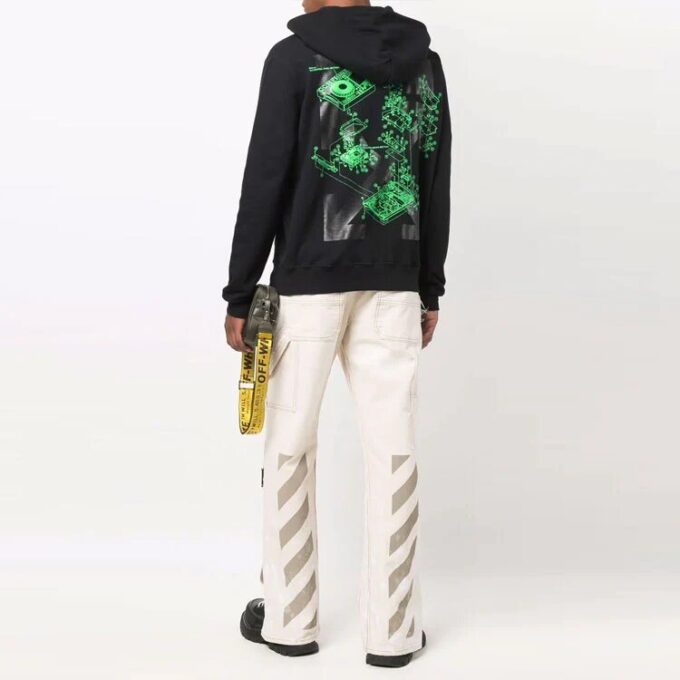 Off-White Hombre FW21 Sudadera con capucha, cordón y estampado pictórico, manga larga, corte holgado, negro