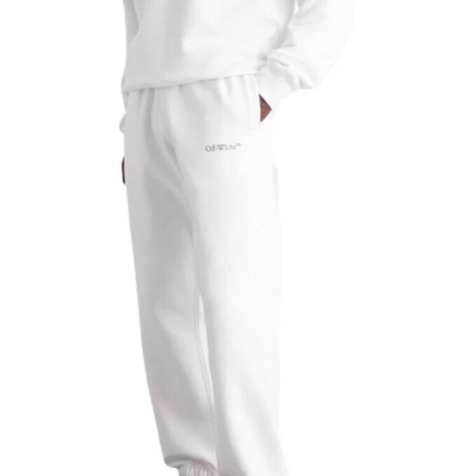Off-White Hombre FW22 Pantalones deportivos con estampado de flechas en la espalda, cintura elástica y pies ajustados, blancos