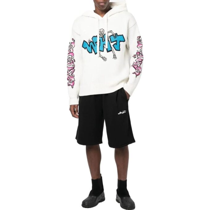 Off-White Hombre FW22 Sudadera con capucha de manga larga de color liso con estampado de grafitis, blanca