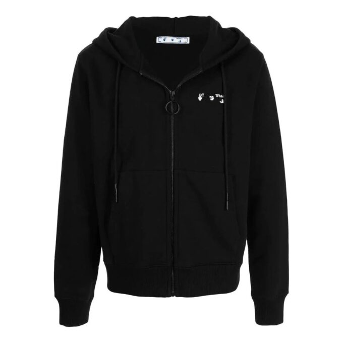 Off-White Hombre Otoño-Invierno 2022 Camiseta con capucha y cremallera, estampado de logotipo, manga larga, versión negra