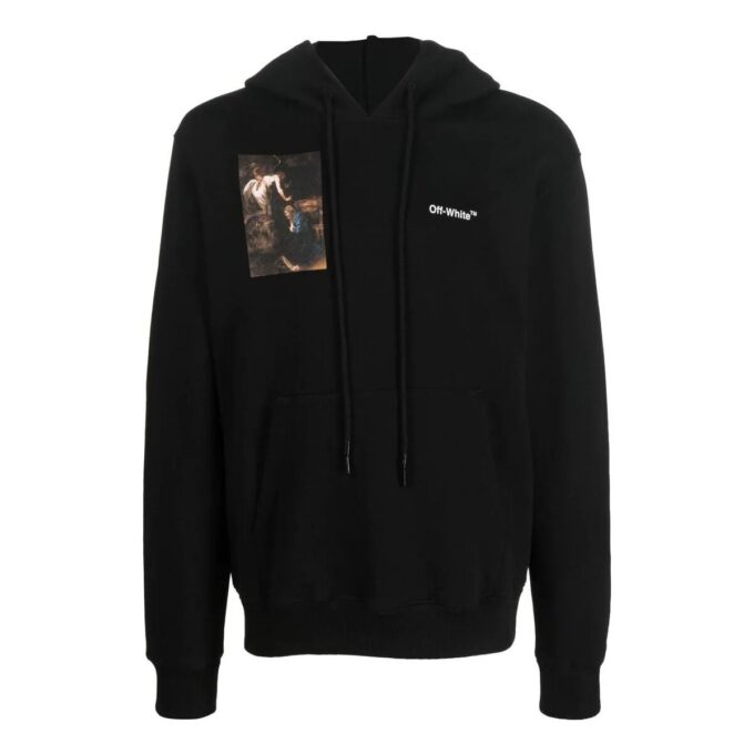 Off-White Hombre Otoño-Invierno 2022 Camiseta con capucha y estampado de personajes, manga larga, corte holgado, negro