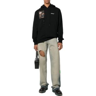 Off-White Hombre Otoño-Invierno 2022 Camiseta con capucha y estampado de personajes, manga larga, corte holgado, negro