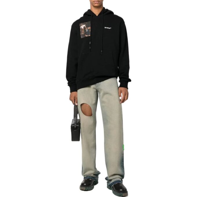 Off-White Hombre Otoño-Invierno 2022 Camiseta con capucha y estampado de personajes, manga larga, corte holgado, negro