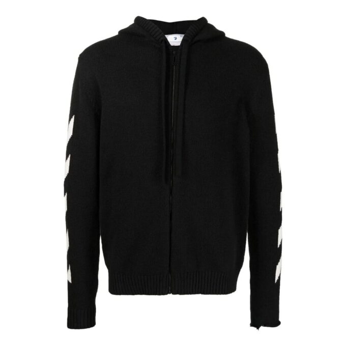 Off-White Hombre SS22 Camiseta con capucha y cremallera, estampado del logotipo clásico, manga larga, versión estándar, negro