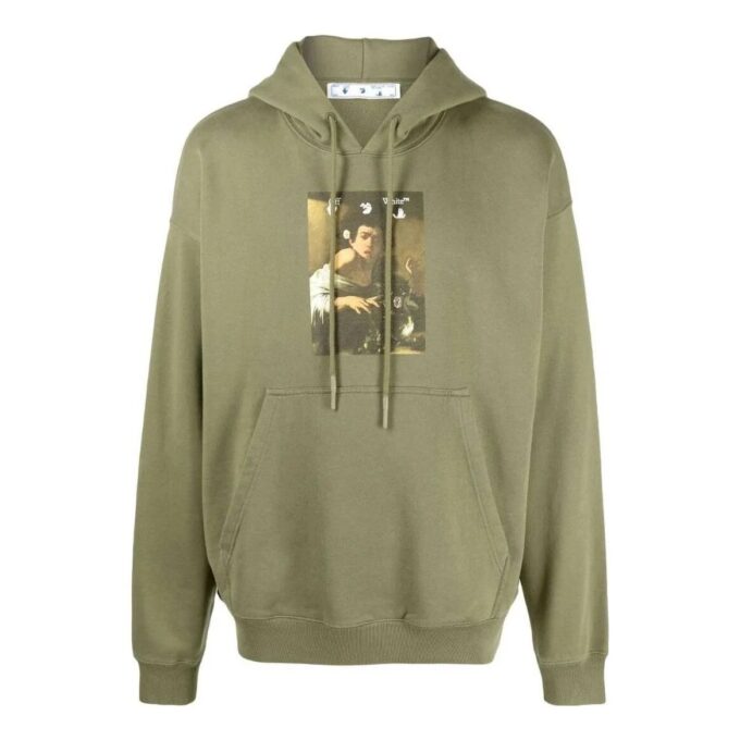 Off-White Hombre SS22 Camiseta de manga larga con capucha y estampado ilustrado en color liso, verde