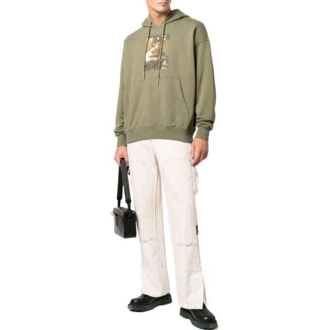 Off-White Hombre SS22 Camiseta de manga larga con capucha y estampado ilustrado en color liso, verde