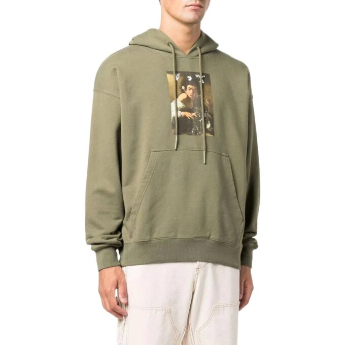 Off-White Hombre SS22 Camiseta de manga larga con capucha y estampado ilustrado en color liso, verde