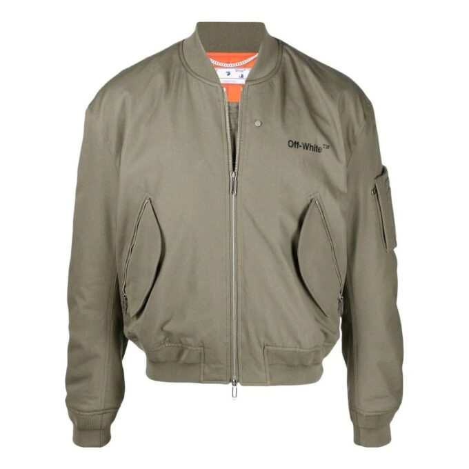 Off-White Hombre SS22 Chaqueta Aviador con cuello acanalado y logotipo bordado Verde militar
